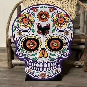 NIP! FLORAL SUGAR SKULL SHAPED WOODEN TABLETOP SIGN DECOR